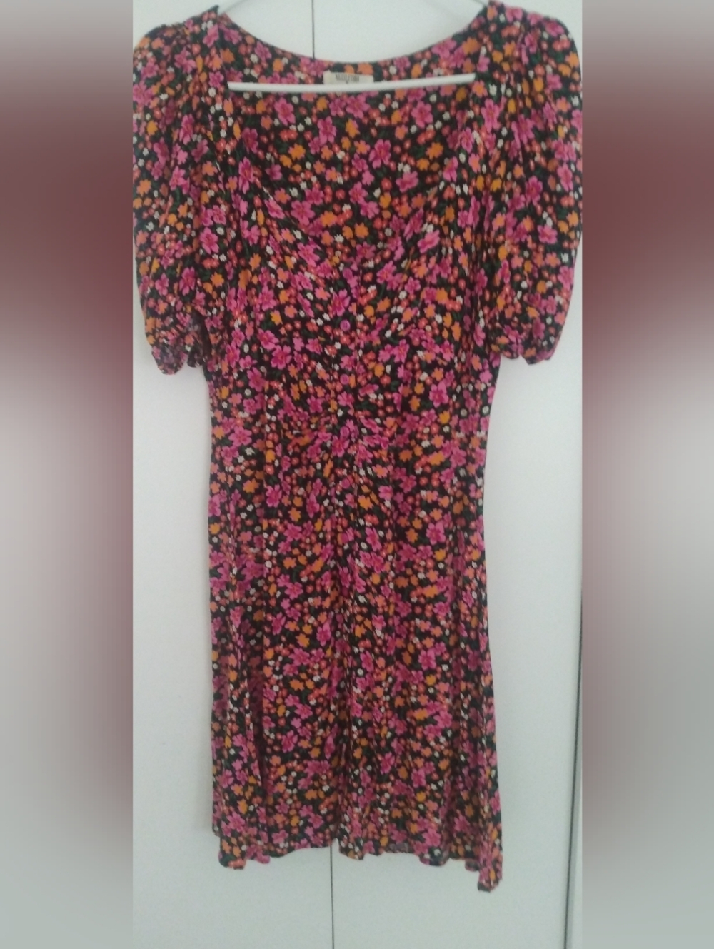 Floral Puff-Sleeve Mini Dress in Pink & Orange
